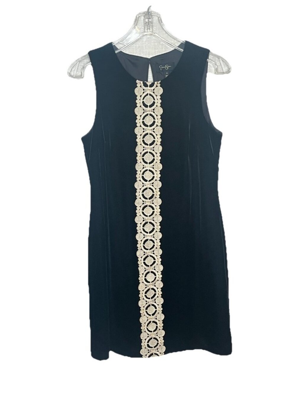 Jessica Simpson Black Velvet Shirt Dress Gold Lace Trim Sleeveless Sz 6 Mod LBD
